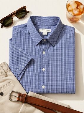 Mizzen Main Performance Shirt Mens Medium Blue Gingham Check Short Sleeve Trim